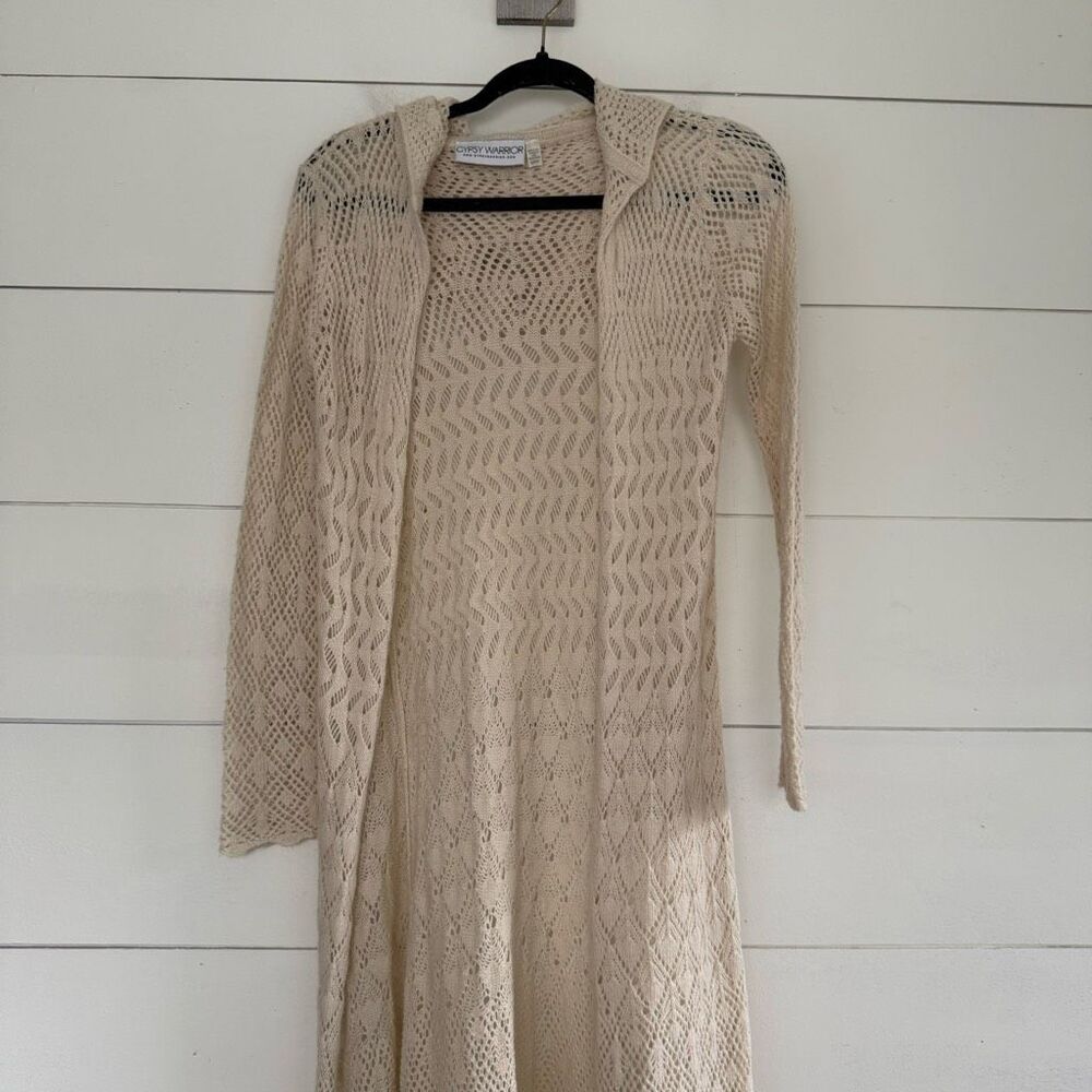 Gypsy Warrior Women’s Small Cream Crochet Hooded Long Line Cardigan